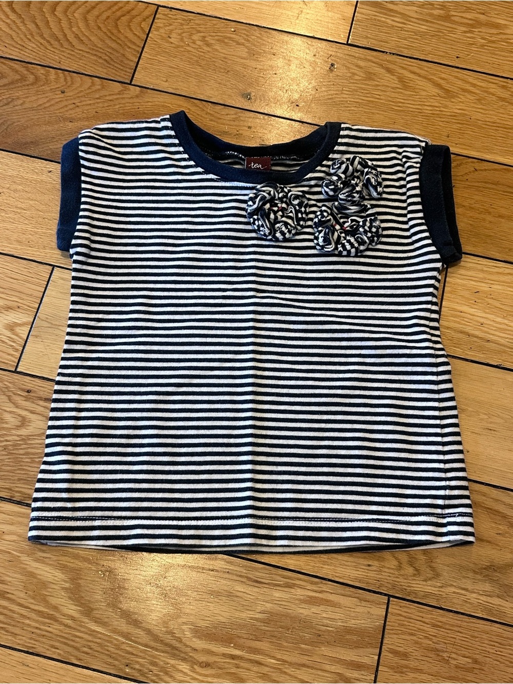 Tea Collection Navy and White Striped Short Sleeve Tee with Rosette Detail
